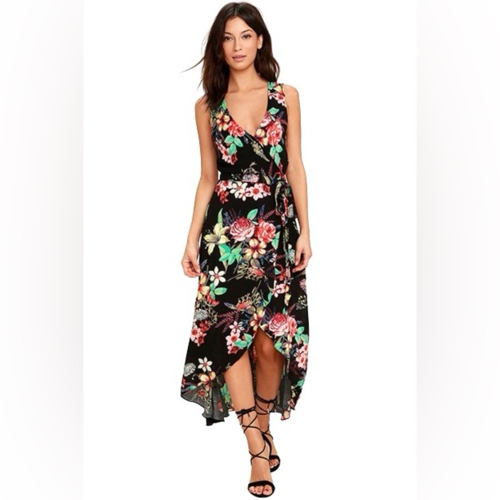 Lulus Something to Believe In Black Floral Print Wrap Dress